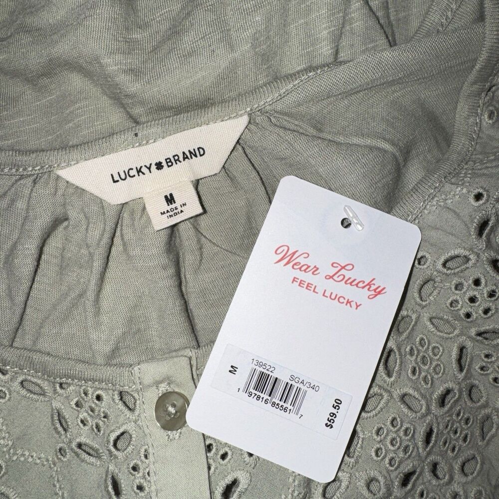 NWT Lucky Brand Top Medium Blouse Green Cotton Lace Short Sleeve Peasant Boho - Picture 11 of 14